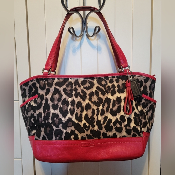 Coach Park Ocelot Print Canvas Red Leather Shoulder Tote Bag - Picture 1 of 16